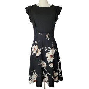 Black Floral Fit Flare Flutter Sleeve Dress Womens M Classy Office Cottage iHot